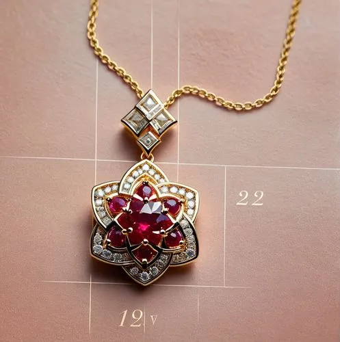 A pendant with ruby gems and round diamonds  , high quality, high resolution, ultra distills, 8k,a golden necklace with a red stone sits on top of a table,diamond pendant,mouawad,red heart medallion,j