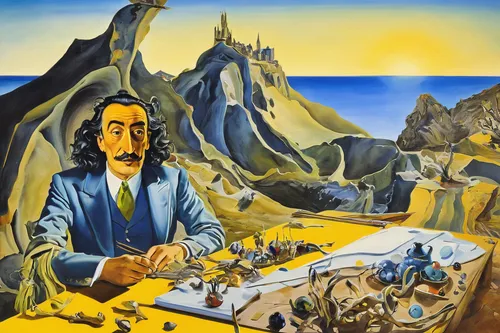 el salvador dali,dali,man with a computer,hans christian andersen,watchmaker,meticulous painting,sculptor ed elliott,yogananda guru,leonardo devinci,persian poet,clockmaker,art dealer,fryderyk chopin,copernican world system,jrr tolkien,yogananda,the local administration of mastery,music instruments on table,self-portrait,braque d'auvergne,Art,Artistic Painting,Artistic Painting 20