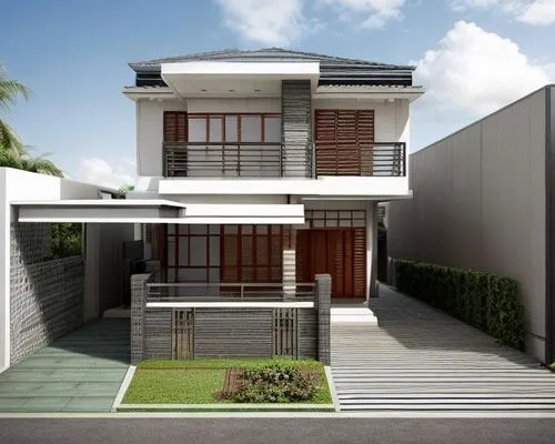 rumah modern dengan taman kecil didepan pagar, ada mobil di carport kanan dan kiri di depan sendiri ada jalan raya,modern house,residential house,landscape design sydney,floorplan home,3d rendering,tw