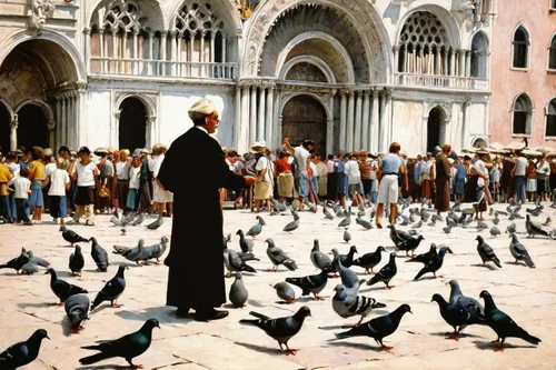 a flock of pigeons,the hassan ii mosque,vaticano,doge's palace,doves and pigeons,pigeons,pigeons and doves,st mark's square,hassan 2 mosque,italian painter,marrakech,kaaba,pigeons piles,medina,pigeon birds,venice square,ferrara,street pigeons,venetian,middle eastern monk,Illustration,Retro,Retro 09