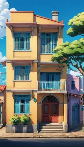 apartment house,machico,honolulu,an apartment,townhouse,kotoko,ghibli,apartment building,dreamhouse,colorful facade,apartment complex,apartment block,yazaki,studio ghibli,townhouses,seaside resort,house painting,sky apartment,townhomes,kazoku,Illustration,Japanese style,Japanese Style 03