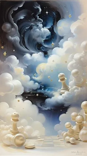 clouds, shooting stars, chess,  black vs white,Chess dream,cloud mushroom,mushroom landscape,thunderclouds,dreamscapes,nuages,moon in the clouds,Illustration,Paper based,Paper Based 11