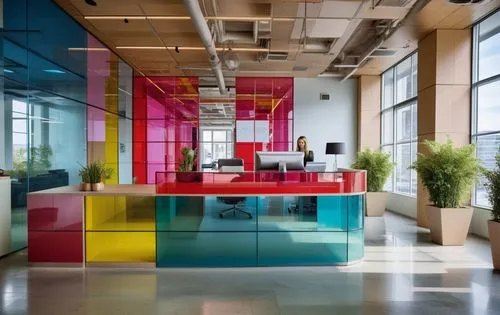 office, lobby, reception desk made of cardboard, eco-friendly style, craft paper, ,a colorful desk with a red, yellow and blue counter,modern office,creative office,blur office background,offices,gens