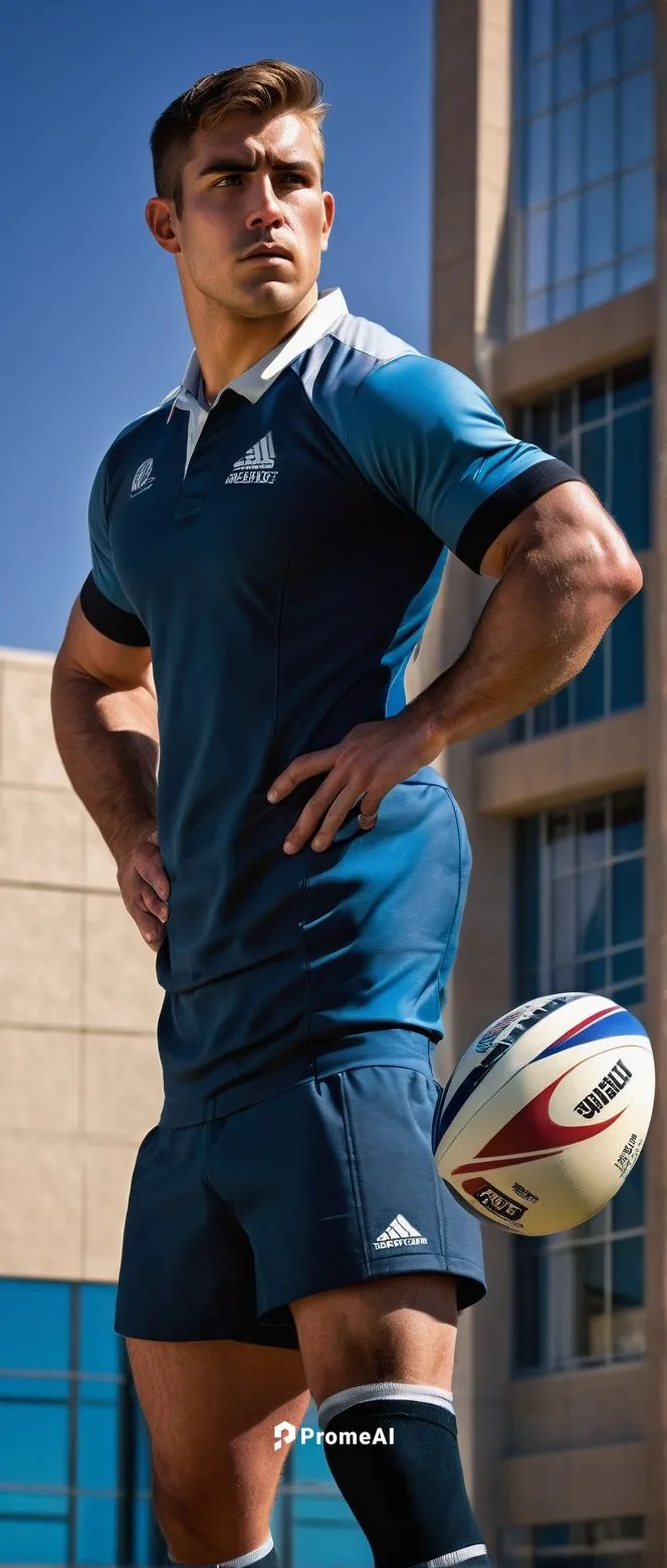 Rugged, masculine rugby player, athletic build, short spiky hair, strong facial features, intense gaze, sweaty skin, worn rugby uniform, holding rugby ball, standing in front of, modern Albuquerque ar