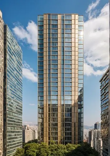 high rise office buildings overlooking a city skyline,tishman,taikoo,costanera center,escala,aoyama,são paulo,Photography,General,Realistic