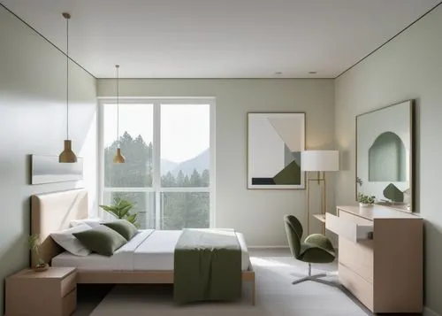 MAINTAIN FORMS , GREAT LIGHT FLOOR GRAY LIGHT, BACKGROUND FOREST GREEN PINE ,modern bedroom with a mountain view through the window,bedroom,modern room,fromental,danish room,chambre,bedrooms,children'