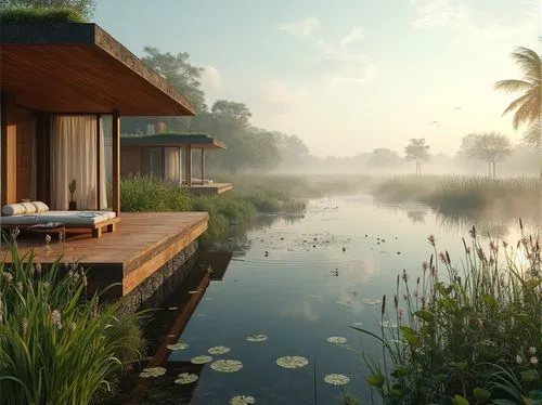 amanresorts,backwaters,floating huts,anantara,morning mist,house by the water,southeast asia,tranquility,pool house,kumarakom,tropical house,alleppey,indonesia,home landscape,idyllic,summer cottage,backwater,amazonica,the pantanal,vembanad,Photography,General,Realistic