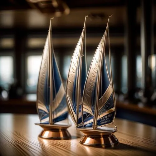 Two shiny sailboat-shaped glass county awards with blue and white stripes. The awards have a transparent background with an emblem of "YAC sticker International Cup" and says in gold lettering "20th A