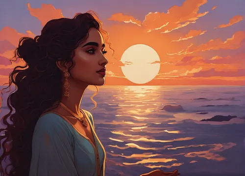 moana,rosa ' amber cover,fantasy portrait,romantic portrait,mystical portrait of a girl,sunset,sun moon,fantasy picture,sun and sea,sunset glow,girl with a dolphin,world digital painting,ocean,zodiac sign libra,dawn,the endless sea,fantasy art,girl on the boat,coast sunset,setting sun,Illustration,Black and White,Black and White 02