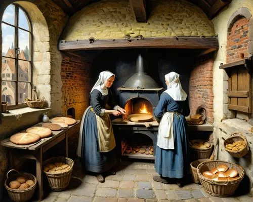 many figures of medieval people, a painting and layout style with the perspective of Pieter Bruegel, A captivating painting of medieval nuns diligently baking bread in the oven of a monastery bakery. 