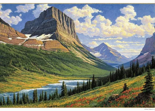 mountain scene,alberta,mountain landscape,bow lake,banff,the spirit of the mountains,mountainous landscape,salt meadow landscape,the landscape of the mountains,mount robson,glacier national park,yamnuska,canadian rockies,mountain plateau,montana,landscape background,giant mountains,swiftcurrent lake,cascade mountain,lake louise,Illustration,Retro,Retro 01