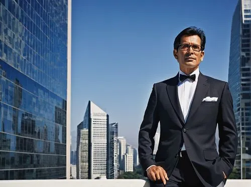 Mature businessman, 40s, confident expression, glasses, short black hair, suit, white shirt, black tie, holding blueprint, standing in front of modern skyscraper, urban background, cityscape, busy str