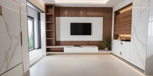 ultra luxurious modern tv room wall unit with marble finish back and wooden shelves and white melamine drawers ,an open living room with white furniture and wooden walls,modern minimalist bathroom,int