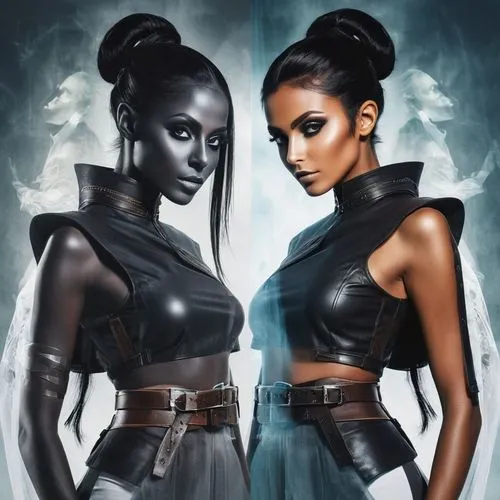 black models,sci fiction illustration,opposites,black skin,beautiful african american women,duality,dark elf,gemini,black women,fantasy art,black couple,mirror image,yin and yang,latex clothing,world digital painting,gothic portrait,image manipulation,fashion illustration,fantasy portrait,yin-yang,Photography,Artistic Photography,Artistic Photography 07