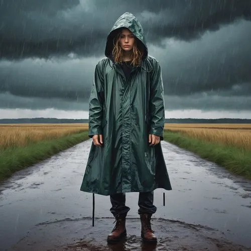 A captivating illustration of a young traveler with wet hair and a hooded raincoat, standing against the backdrop of a rainy landscape. The sky is overcast with dark clouds, and the ground is littered