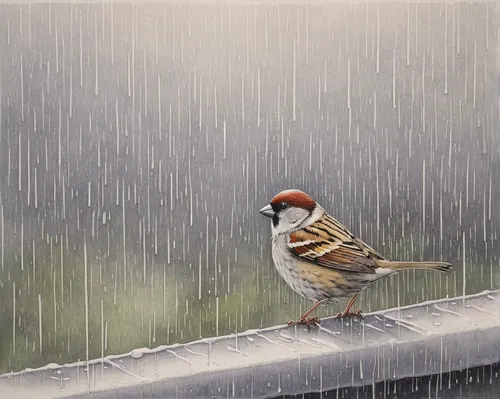 Create a poem about a rainy day and a lonely sparrow.,american tree sparrow,zebra finch,australian zebra finch,zebra finches,bobwhite,bird painting,sparrows,chestnut sparrow,rainy day,rainy season,chi