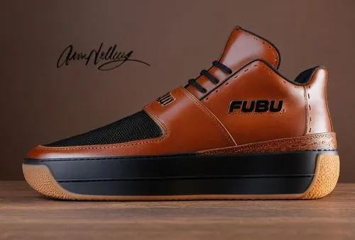 Leather upper sneaker, mesh inlay, silver "FUBU" logo letters, all cognac with black trim color scheme ,FUBU lifestyle sneaker cognac black ,fubu,mashburn,puvis,buscemi,feiyue,fullcourt,Photography,Ge