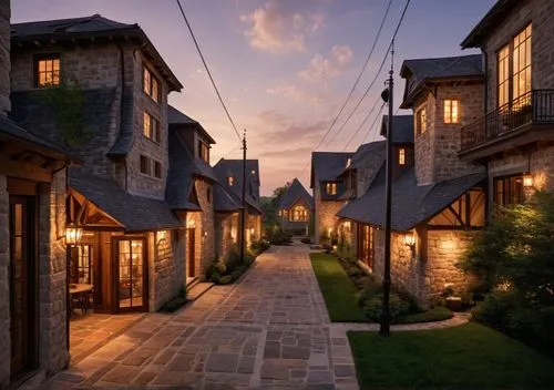 the outside of homes at sunset near a park,kleinburg,townhomes,gjirokastra,ehden,gjirokaster,medieval street,Photography,General,Cinematic