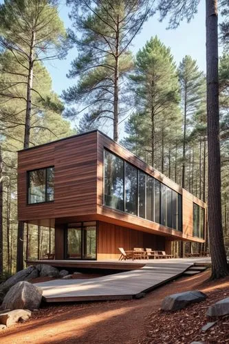 an empty cabin surrounded by pine trees on the hillside,forest house,timber house,house in the forest,prefab,cubic house,dunes house,Photography,General,Realistic