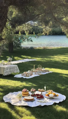 Describe a serene picnic setting with a bowl cake as the centerpiece.,garden breakfast,picnic,paella,canapes,food table,catering service bern,antipasti,holiday table,breakfast outside,picnic basket,af