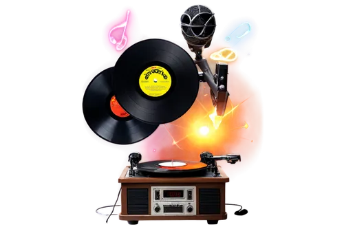 Vinyl record, gramophone, vintage microphone, musical notes, headphones, guitar, violin, drumsticks, DJ turntable, amplifier, sound waves, colorful lights, stage spotlight, smoke effects, dynamic comp