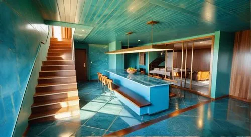 Morning sunlight comes in from the window, the floor is finished with blue-toned marble tiles, the overall retro style is expressed with wood on the walls and green-toned paint on the ceiling, and war