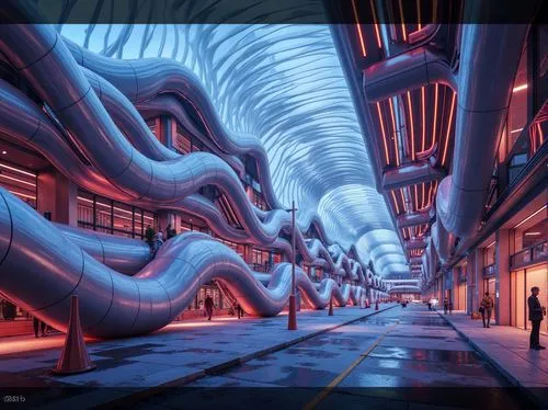 sci fiction illustration,futuristic art museum,futuristic landscape,arcology,cybercity,morphosis,schuitema,cyberport,schuiten,cybertown,cyberworld,futuristic architecture,scifi,biocontainment,sci - fi,sci fi,caecilian,tentacle,industrial tubes,weyland