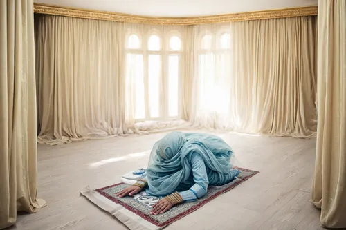 Curtains room,woman praying,praying woman,prayer rug,girl praying,conceptual photography,muslim woman,man praying,house of allah,empty room,girl in cloth,islamic girl,sleeping room,blue room,rem in ar