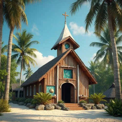 Coastal church, tropical architecture, Chukum material, wooden structure, rustic exterior, white steeple, cross on top, stained glass windows, colorful mosaic tiles, natural texture, weathered wood, d