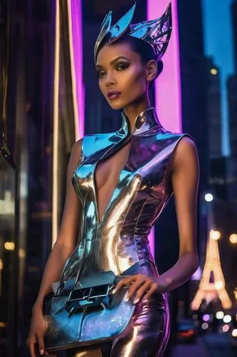 Luxurious boutique, futuristic architecture, metallic exterior, glass facade, angular lines, neon lights, cityscape, evening atmosphere, soft glow, sleek models, catwalk, fashionable outfits, haute co