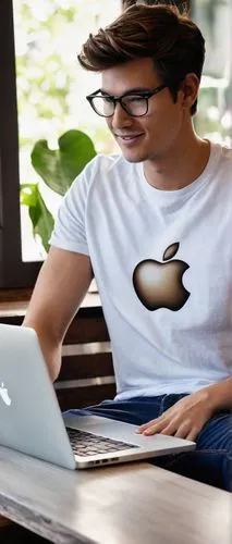 Modern minimalist laptop, MacBook Air, sleek silver body, glowing Apple logo, freelance architect, young adult male, messy brown hair, black-framed glasses, casual wear, white T-shirt, dark blue jeans