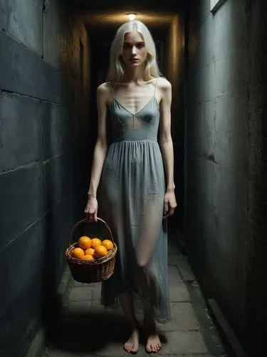 The picture shows a young skinny woman with long, platinum blonde hair standing in a narrow, dark corridor or street. There is a gloomy, mysterious atmosphere. The woman is wearing a long, see-through