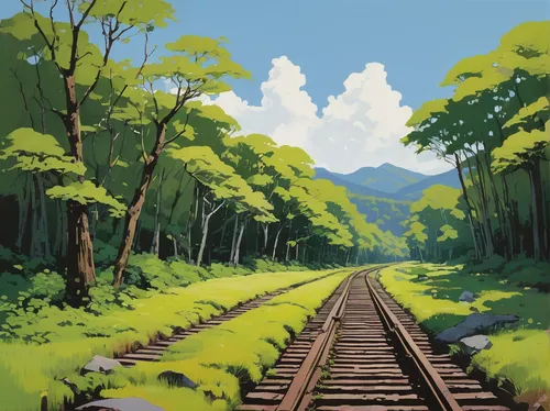 studio ghibli,wooden track,railroad,wooden train,tracks,railroad track,railroad line,old tracks,wooden railway,railway track,railroad trail,japan landscape,railway,forest road,train route,hokkaido,train track,railway line,forest landscape,rail road,Illustration,Vector,Vector 03