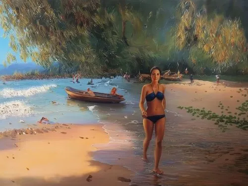 beach landscape,girl on the river,oil painting,photo painting,kohphangan,railay bay,world digital painting,beach scenery,beach background,oil painting on canvas,people on beach,beautiful beach,dream b