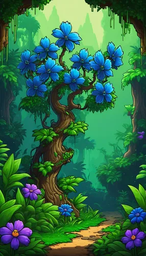 cartoon video game background,fairy forest,mushroom landscape,cartoon forest,forest background,elven forest,flourishing tree,background ivy,druid grove,spring background,springtime background,flower tree,flower background,fairytale forest,fairy world,forest tree,frame flora,fairy village,forest flower,tree grove,Illustration,American Style,American Style 07