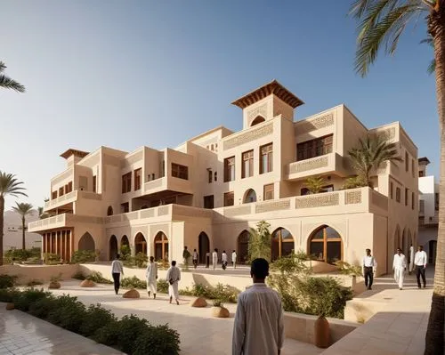 A Yemeni-inspired residential complex with a modern twist. The complex features traditional arched windows and white exterior walls, but incorporates wooden elements and void shades for a sustainable 