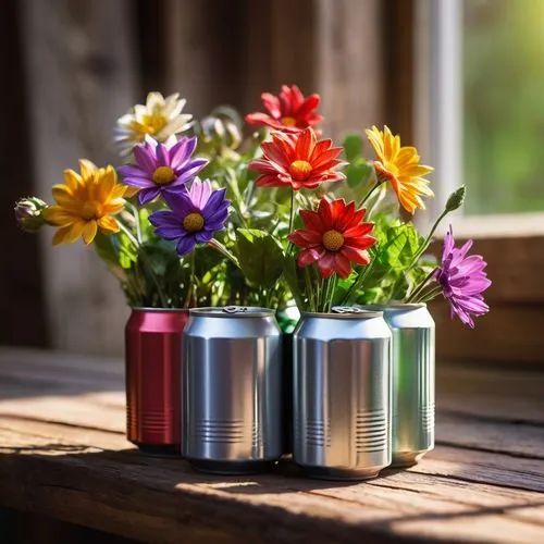 Aluminum cans, colorful flowers blooming inside, petals made of crushed cans, metal leaves, delicate stems, miniature garden, bright sunlight, warm ambiance, shallow focus, macro photography, vibrant 