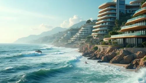 seasteading,seaside resort,oceanfront,atlantica,ocean waves,tropico,summerland,cliffs ocean,ixtapa,oceanview,seaside view,terraformed,calpe,themyscira,shorefront,japanese waves,futuristic landscape,jumeirah,sharq,beachfront,Photography,General,Realistic