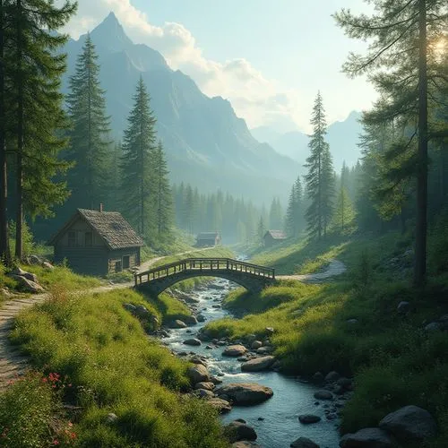 oberland,wooden bridge,landscape background,alpine landscape,salt meadow landscape,fantasy landscape,beautiful landscape,forest lake,mountain valley,forest landscape,nature landscape,mountain landscape,home landscape,cryengine,alpine village,idyllic,mountain road,full hd wallpaper,galvanise,riverwood,Photography,General,Realistic