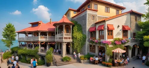 popeye village,escher village,resort town,seaside resort,the disneyland resort,shanghai disney,hanging houses,stilt houses,3d rendering,portofino,aurora village,medieval town,bellagio,alpine village,venetian hotel,wooden houses,fairy tale castle,disneyland park,murten morat,kravice,Photography,General,Cinematic