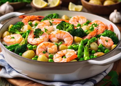 one pot dish of fish and prawns with new potatoes and creamy garlic saucw with fresh peas and broccoli,shrimp salad,vegetable prawn salad,avocado shrimp salad,scampi shrimp,seafood in sour sauce,boile