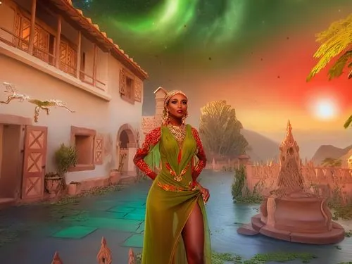 a woman is standing next to a building,mandodari,simorgh,arundhati,inara,inanna,draupadi,Illustration,Realistic Fantasy,Realistic Fantasy 01