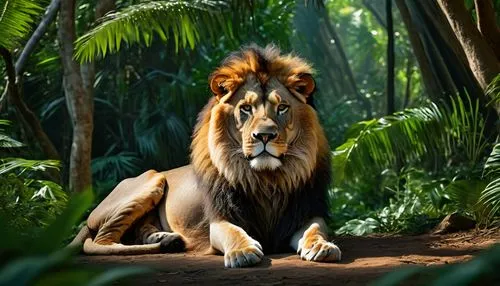 A huge African lion in a tropical forest,king of the jungle,male lion,african lion,sumatrana,panthera leo,forest king lion,female lion,pardus,male lions,lion,karangwa,magan,jabali,luangwa,katoto,jangi