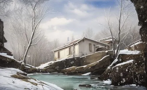 house near the river, snow, watercolour,winter house,winter landscape,house in mountains,house in the forest,house in the mountains,the cabin in the mountains,lonely house,winter background,fisherman'