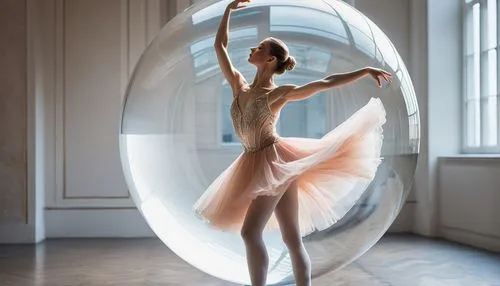 A gracefully twirling ballerina, her movements captured within a transparent crystal orb. The dancer's delicate form is a vision of elegance and poise, her porcelain skin reflecting the soft light tha