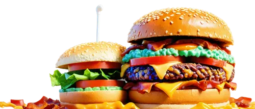 Pixelated, colorful burger, juicy patty, melted cheese, crispy bacon, lettuce, tomato, sesame seeds, toasted bun, ketchup, mayonnaise, 3D-like pixel art style, low-angle shot, warm lighting, vibrant c