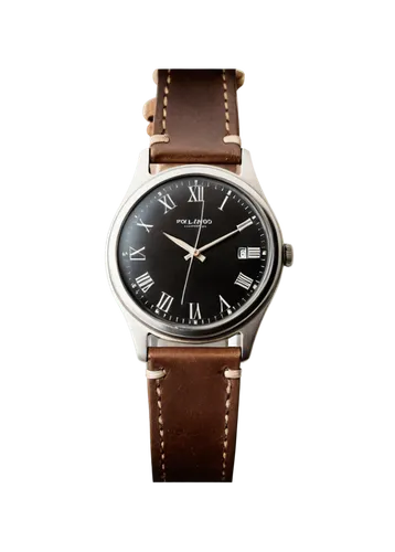 Leather strap wristwatch, silver buckle, round dial, Roman numerals, thin hands, date display, masculine, close-up, shallow depth of field, softbox lighting, warm color tone, 3/4 composition, luxuriou