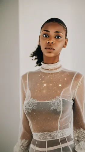 see-through clothing,artificial hair integrations,bridal clothing,editorial,see through,menswear for women,bodice,ethereal,tiana,see thru,bridal dress,girl on a white background,embellished,mesh and frame,beaded,black women,fashion shoot,fittings,african american woman,ebony