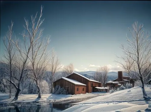 winter landscape with a lake in first plane,winter landscape,winter house,winter village,christmas landscape,winter background,snowy landscape,snow landscape,snow scene,the cabin in the mountains,wint