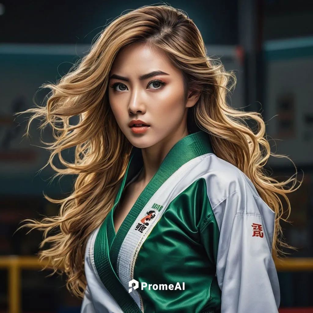 realistic beautiful girl, oval face shape, gold long hair, s-shape eyebrow, wide set eyes, green eyes, heavy lower  lips, triangle body shape, (full body show), masterpiece., wearing Taekwondo suit,  